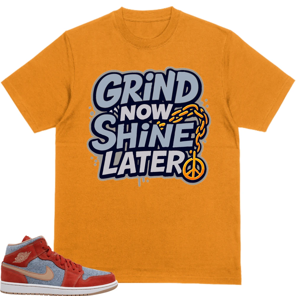 Nike Jordan 1 Mid Denim Red Custom Sneaker Matching Orange Products (Grind Now Shine Later)